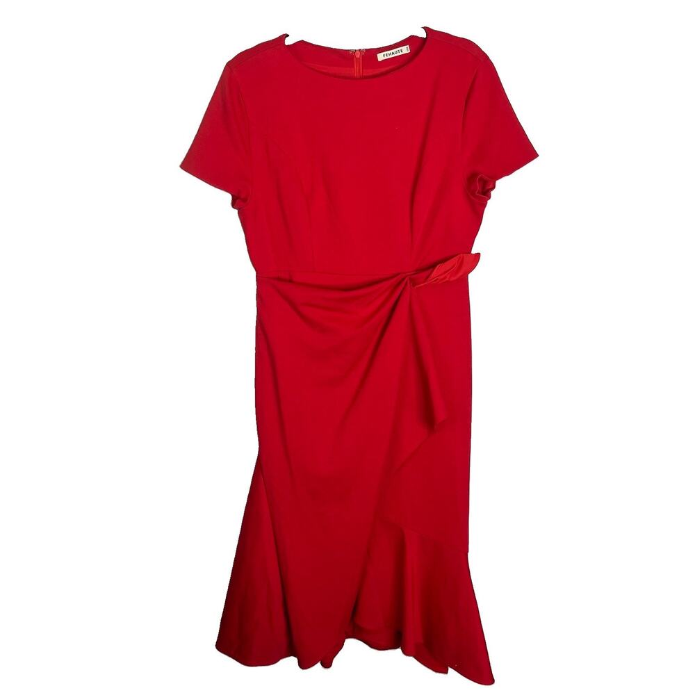 Fehaute Dress Size 8 Red Midi A-line Waist Twist Day To Night Ruffled Asymmetric - Picture 3 of 12